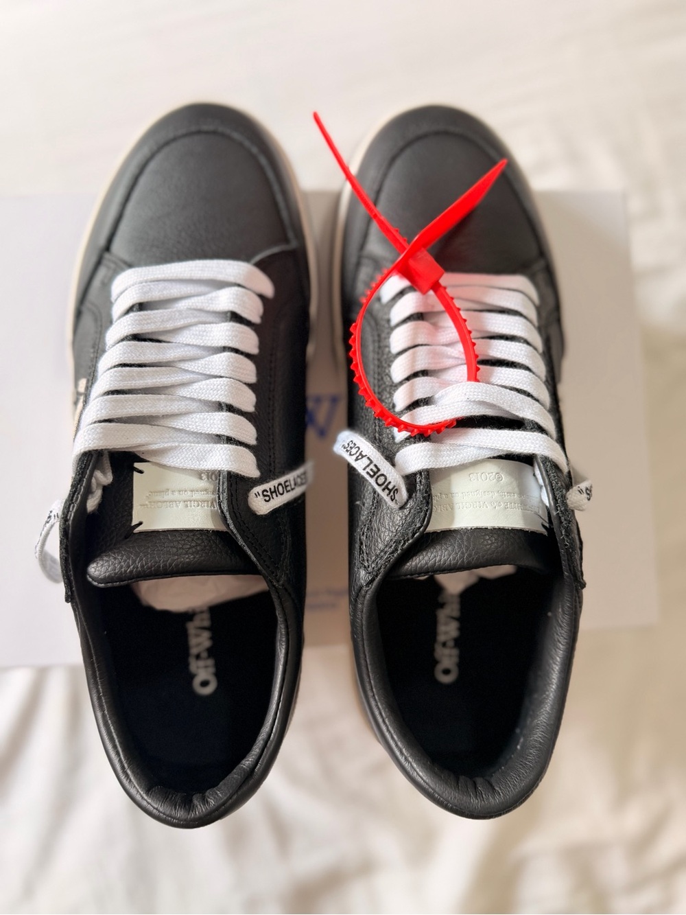 Off-White Black Leather Low-Top Sneakers with White Laces and Red Zip Tie
